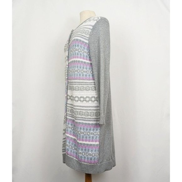 Christopher & Banks Cardigan Sweater Gray Fair Isle Longline Misses Size M New - Picture 3 of 7